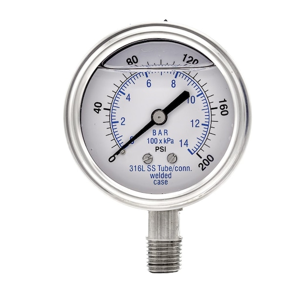 Pro 2 1/2 in Dial, 0/200 PSI & Bar, 1/4 in NPT, Lower Mount Glycerin Filled Pressure Gauge PRO-301L-254G-01 - main